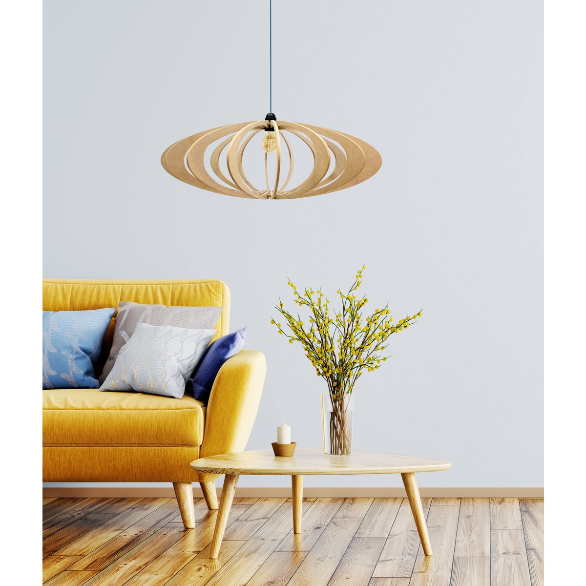 Houten design hanglamp D70cm ROLLING Linnen kabelset en houten rozet