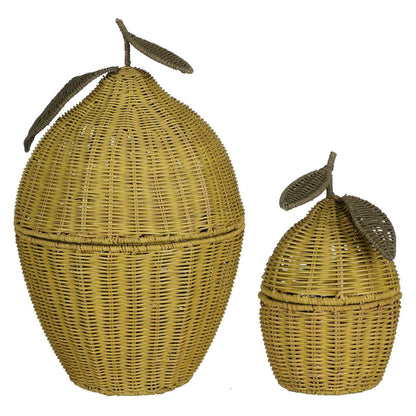 Opbergmand met Deksel - Set van 2 - H48 x Ø30 cm - Rotan - Geel