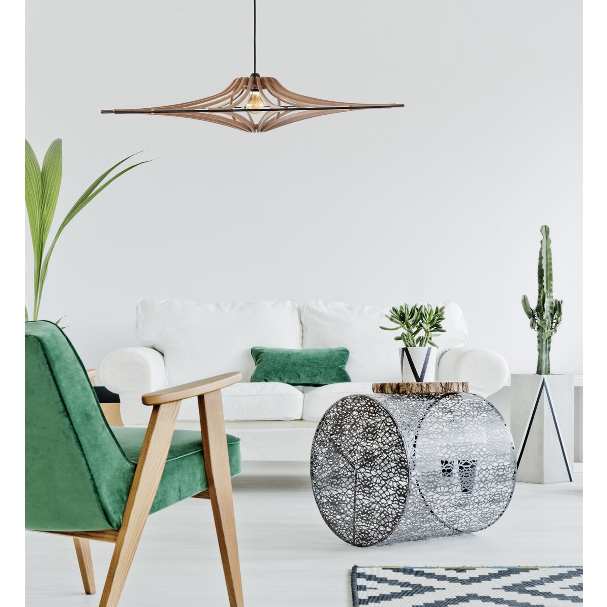 Houten design hanglamp D90cm SINGING BRUT - Zwart elastiek - Linnen en hout kit