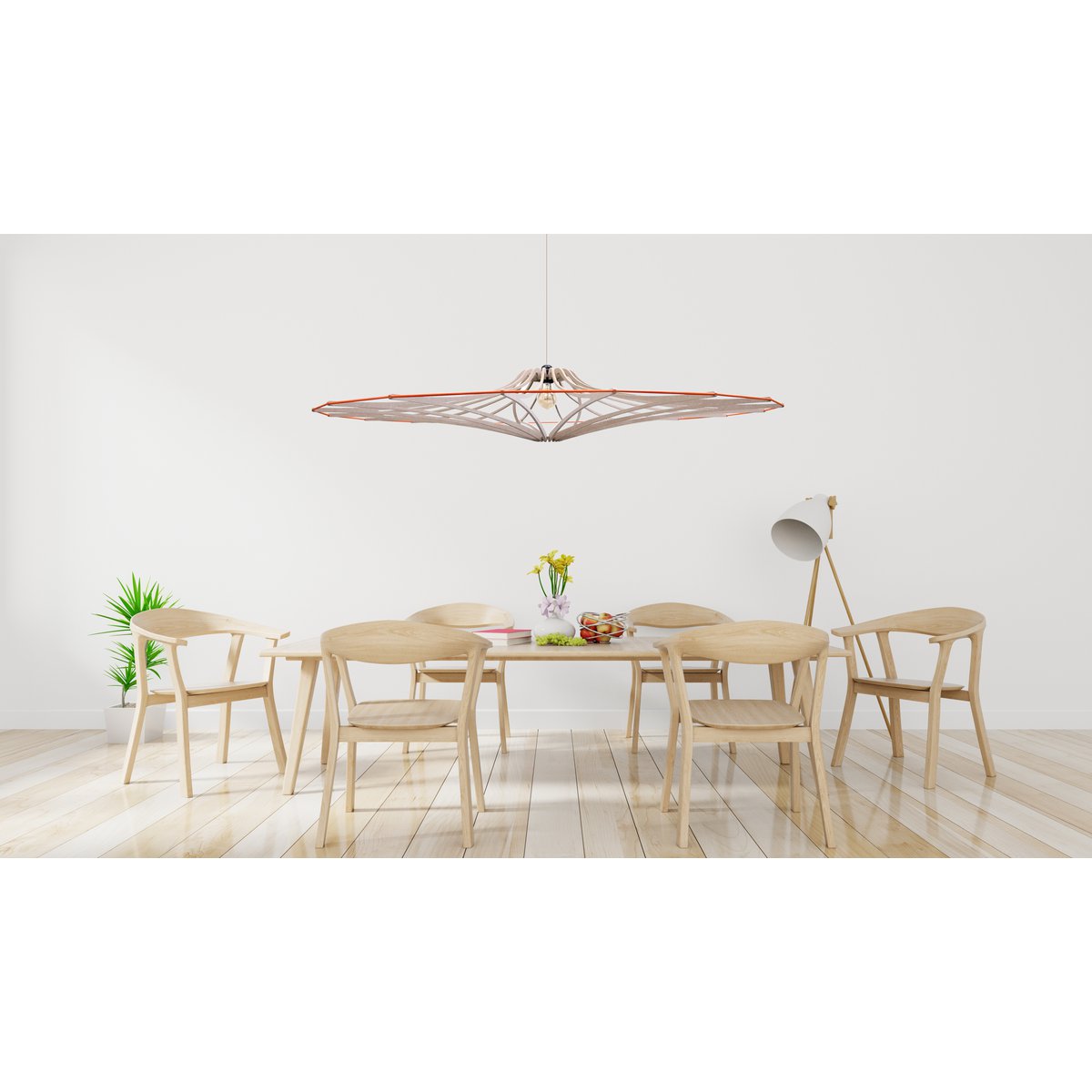 Design hanglamp D124 cm SINGING BRUT - Oranje elastiek - linnen en hout kit